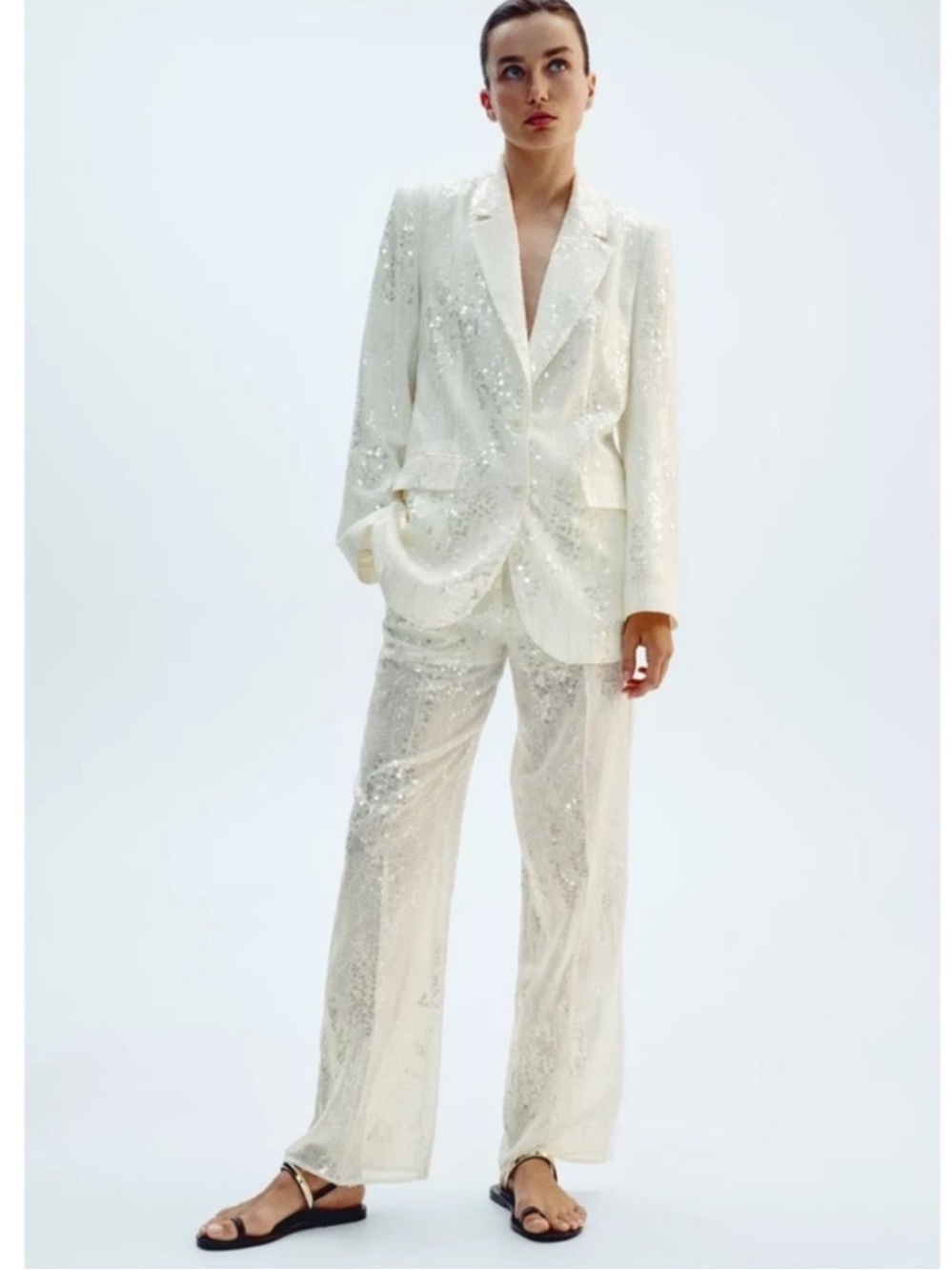 ZARA ZW OYSTER SEQUIN 2 PIECE SUIT BLAZER & PANTS size L 3424/849/251